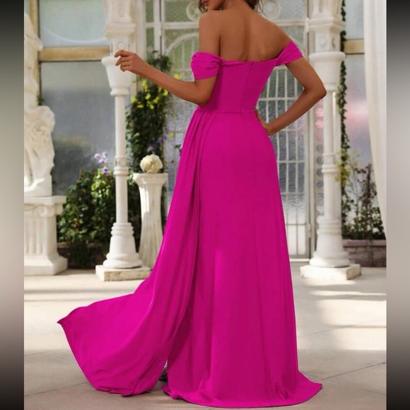 Luxe off shoulder draped hem slit thigh party formal prom wedding gown dress - Picture 6 of 16